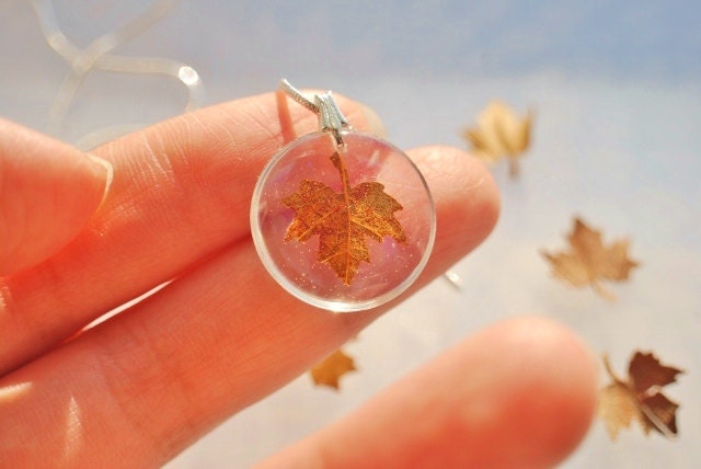 Autumn Necklace Petite Resin Jewelry Pressed Leaf Mini Maple Petite Transparent Airy Botanical Necklace / Pendant