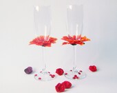 Red Orange Dahlia,  Wedding Toasting, St. Valentines  Champagne  Glasses