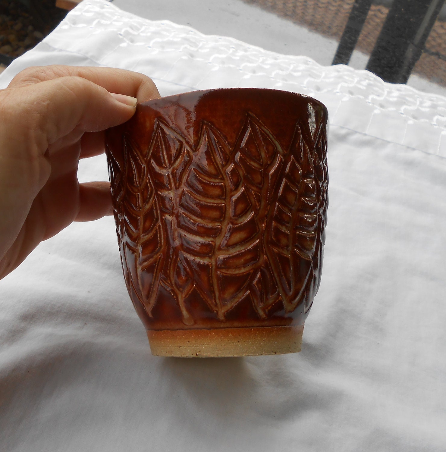 Pottery Pencil Holder, Ceramic Pencil Holder, Pottery Cup, Ceramic Cup, Small, Etched with Leaves in Brown and Cream