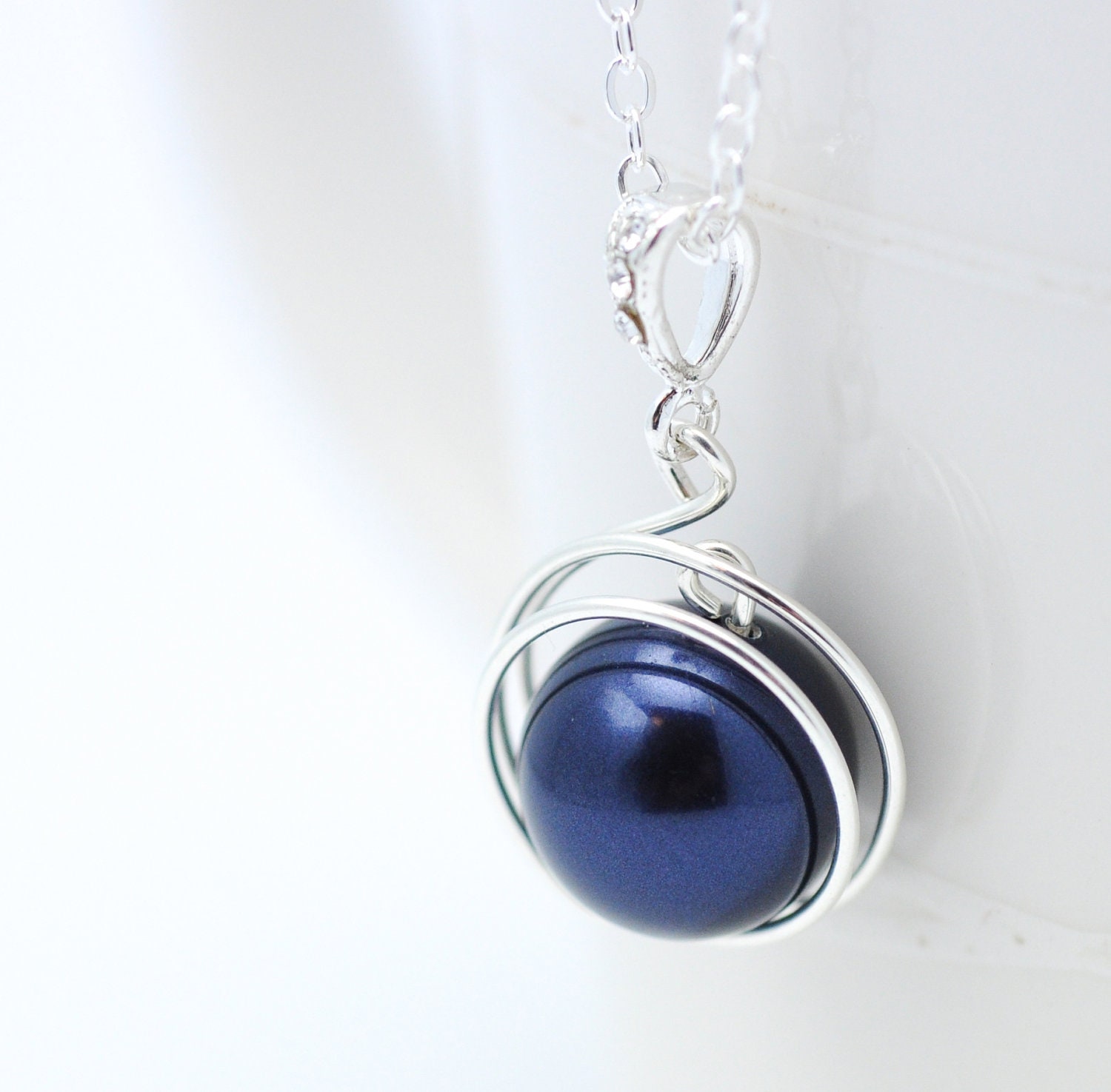 Blue Pearl Necklace Swarovski Pearl Pendant Wire Wrapped Pearl Necklace Birds Nest Necklace