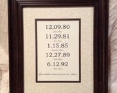 Framed & Matted Custom Date Art Print - Grandparent Personalized Gift Family - Special Dates Grandchildren Birth - Pregnancy.  8x10 in.