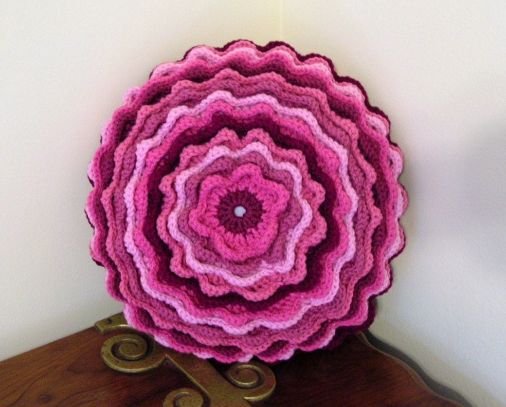 Crochet Accent Throw Pillow Pinks Blooming Flower Motif Magazine Feature