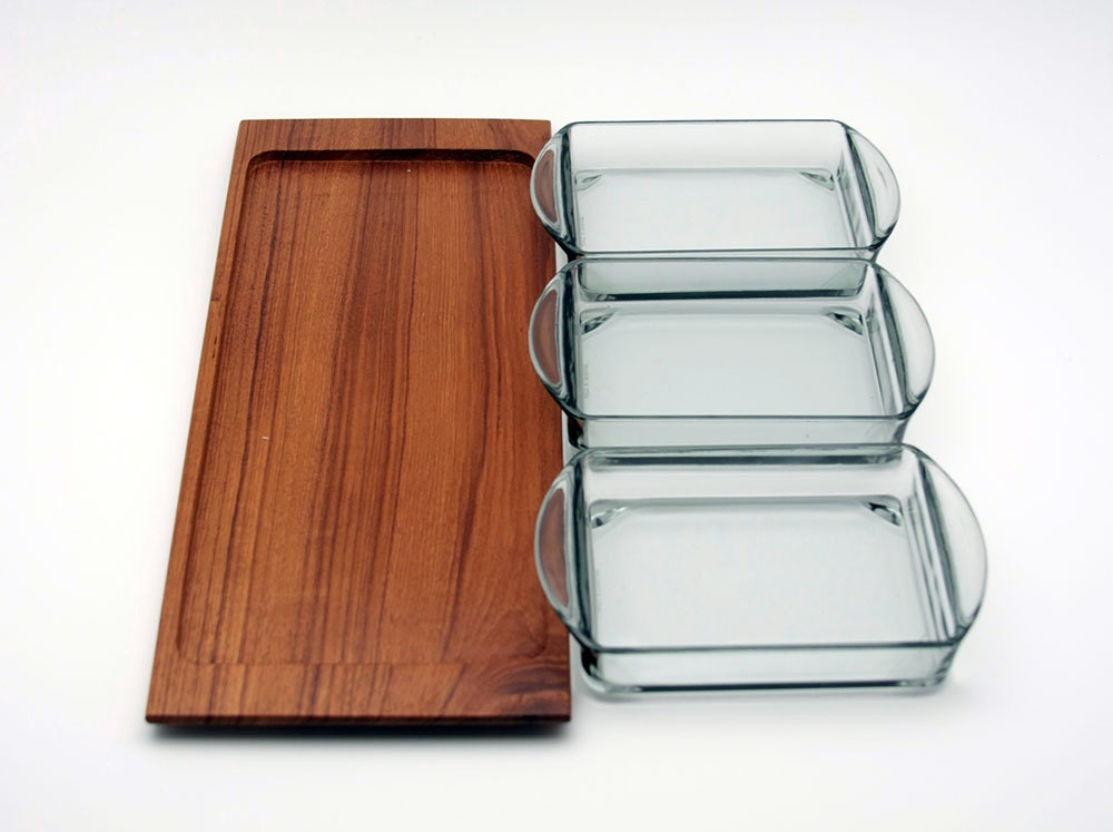Danish teak "Kabaret" serving tray with Holmegaard Smoked Glass Inserts