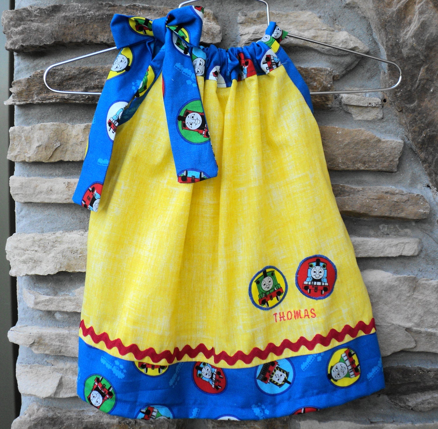 Custom Boutique Thomas The Train Pillowcase dress   Sizes 0-6mo, 6-12mo, 12-18mo, 18-24mo, 2t, 3t, 4t