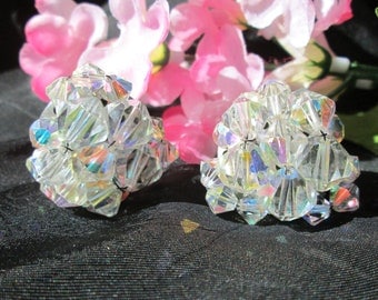 Vintage AB Rhinestone Cluster Earrings Clip On Silvertone