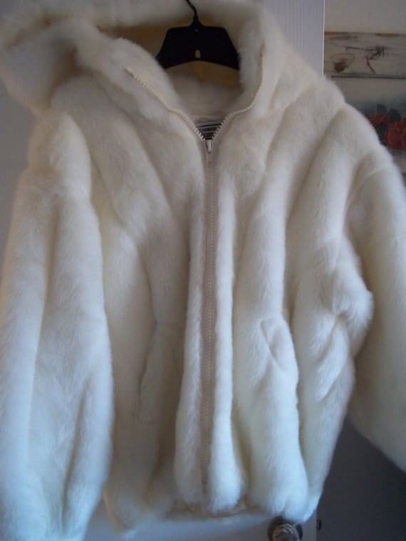 Items similar to Ladies white hooded faux fur jacket in excellent condition. Roomy