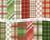 INSTANT DOWNLOAD Christmas Plaid digital scrapbooking paper pack - 14 printable jpeg papers, 12x12, 300 dpi