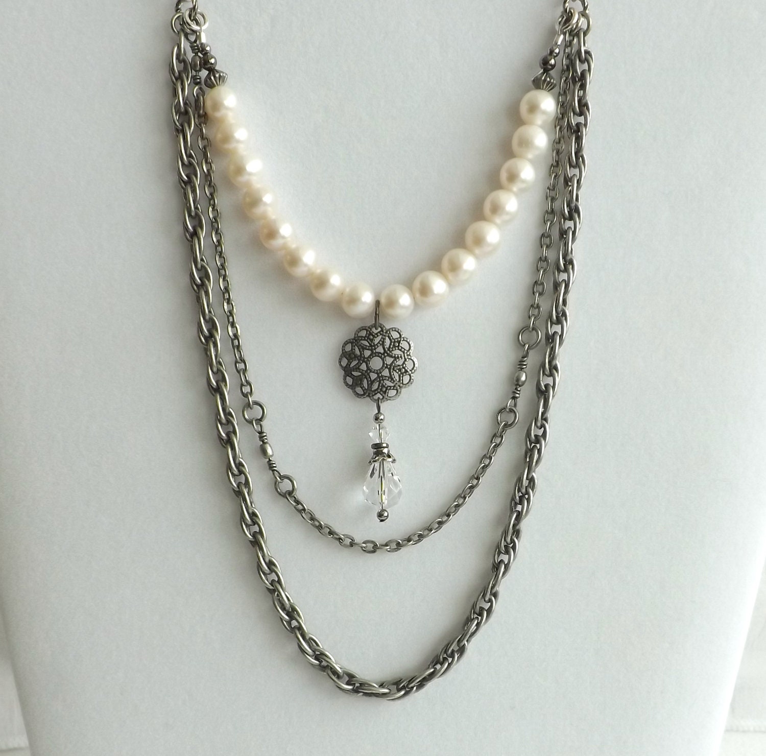 Antique Silver Triple Strand Victorian Necklace Featuring Freshwater Pearls and Crystals/Downton Abbey/Gift