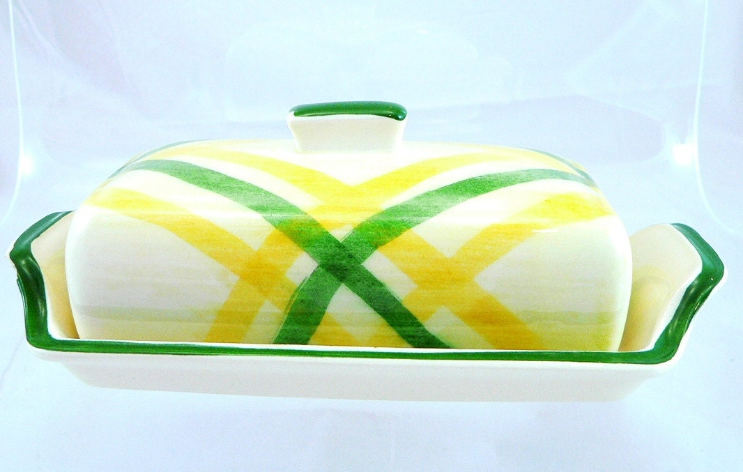 Vernon Kilns, California, Authentic Vernonware Gingham Butter Dish, Yellow Green Plaid Dish