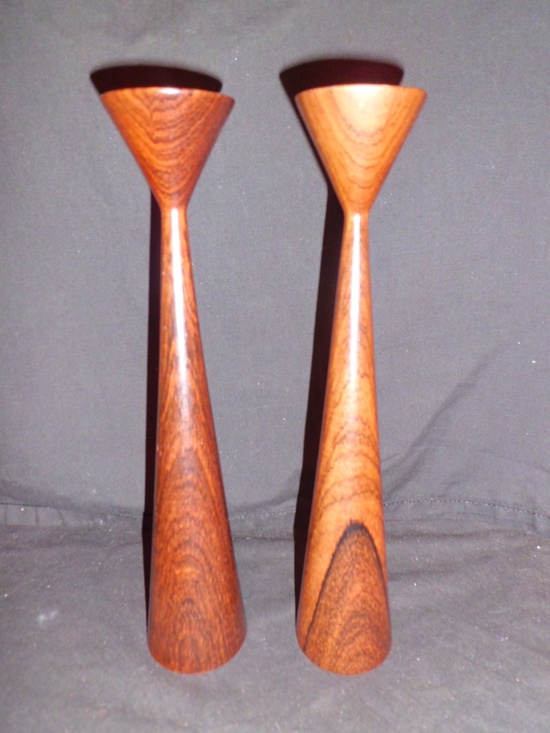 beautiful Danish Modern tall teak candlesticks gorgeous woodgrain fabulous fifties