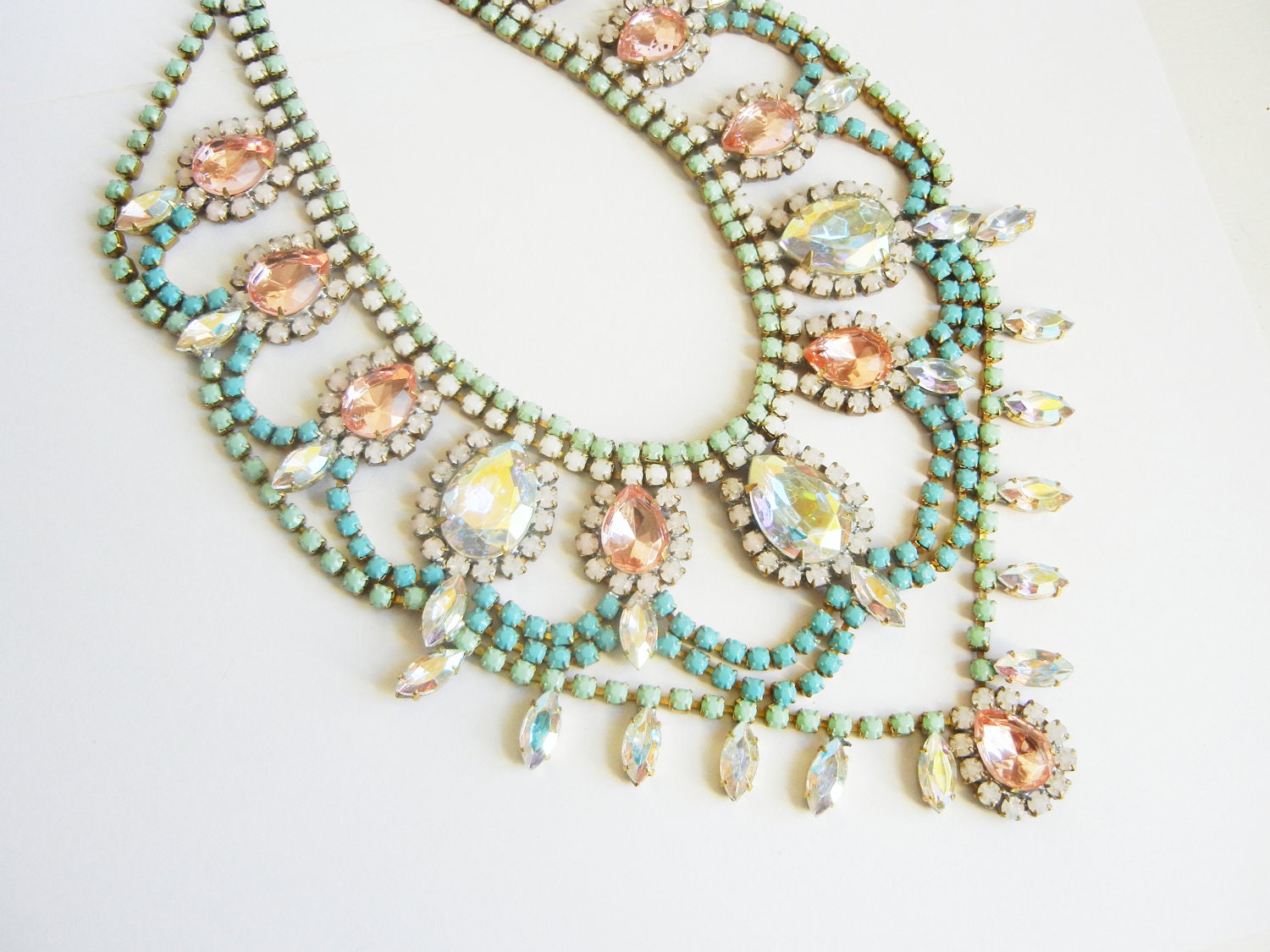 Vintage 1950s Bold Pastel Rhinestone Bib Necklace - One Of  A Kind