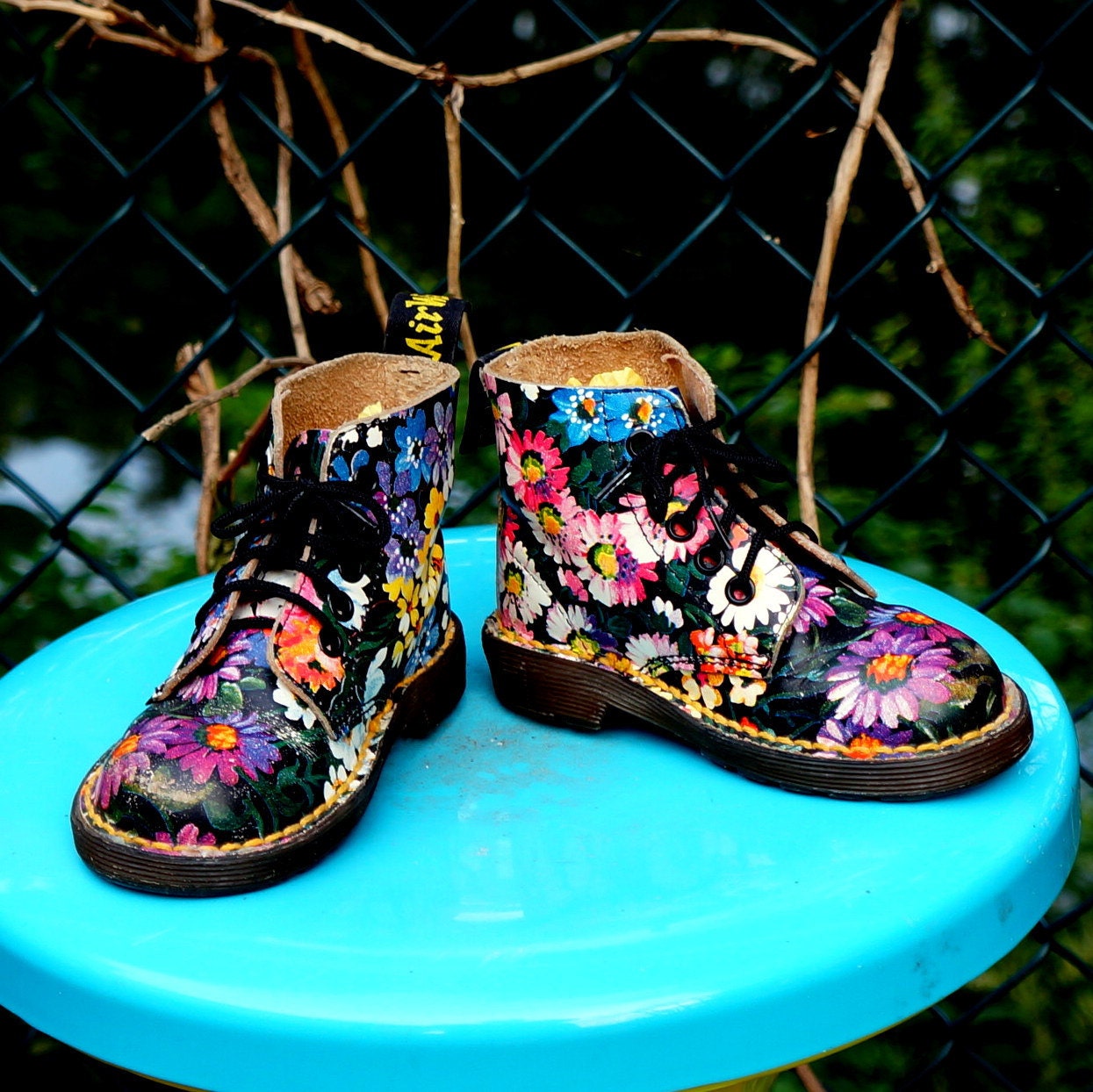 90s TODDLER Dr Martens Boots FLORAL Five (5) Eye Leather DOCS Flower Power - Made In England
