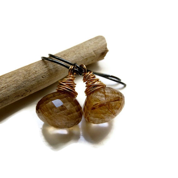 Golden Rutilated Quartz Oxidized Sterling Silver and Gold Filled Earrings ... Golden Autumn