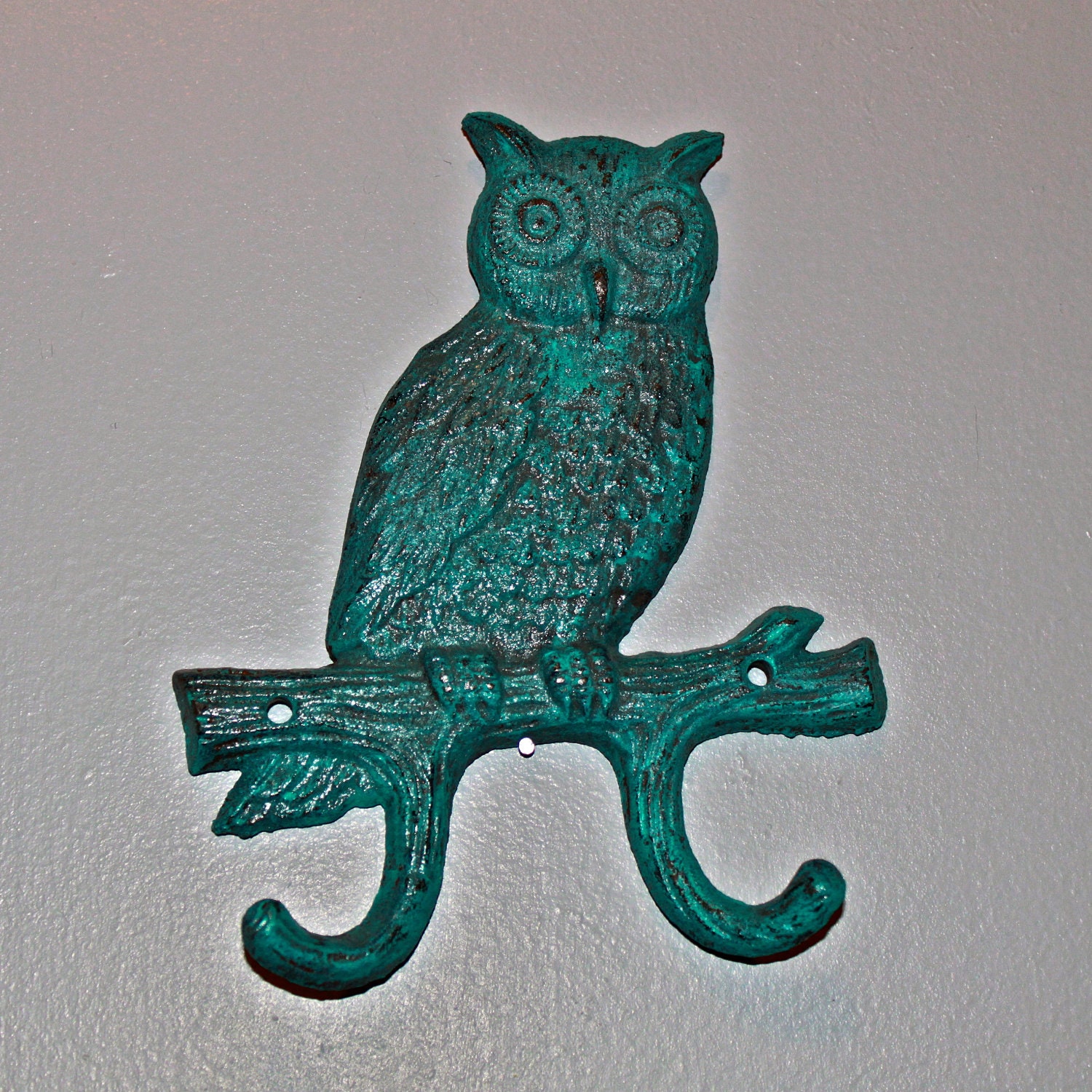 Owl Cast Iron Hook, Metal Hook/ Wall Decor/Laguna Green/ Bright Shabby Chic /Key Holder /Bathroom Fixture /Bedroom /Laundry /Nursery