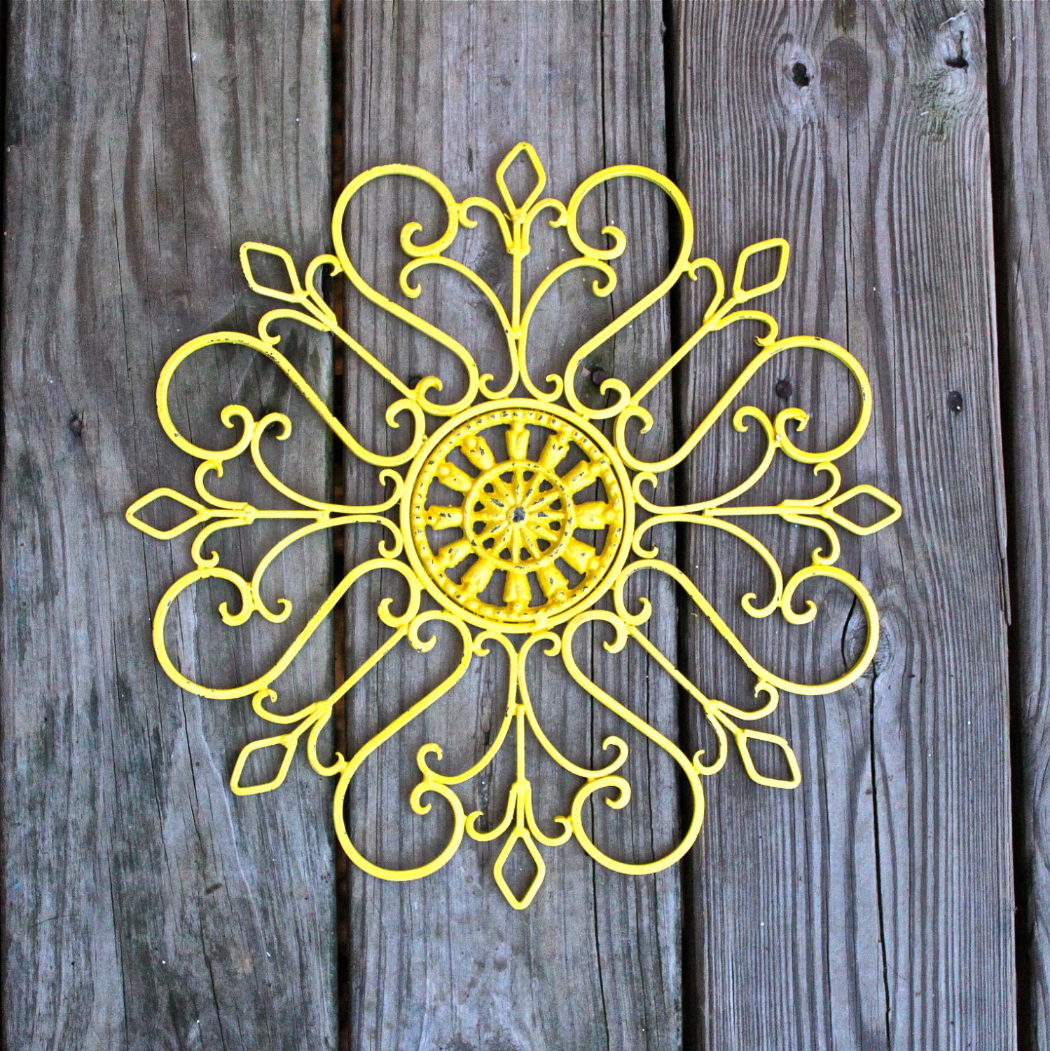 Metal Wall Fixture /Yellow /Distressed Patio Decor /Painted Bright /Outdoor Up Cycled Iron Art /Ornate Flower Design