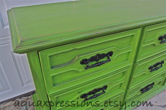 Green Vintage Dresser/ Bright Buffet/ Bedroom Furniture/ Distressed /Black Drawer Pulls/ TV Stand/ Storage/ Dining Room Furniture