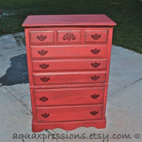 Red Ochre Vintage Chest/ Chocolate Glaze /Brown Pulls /Bedroom Furniture/ Dresser/ TV Stand/ Storage/ Distressed