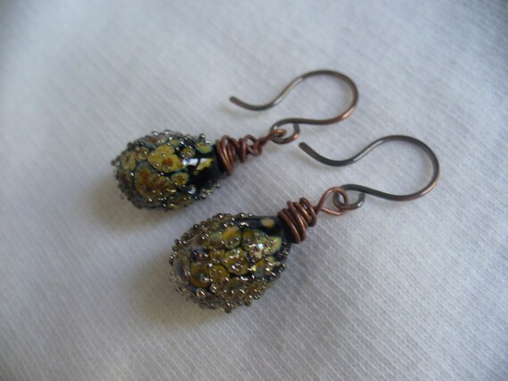 Black Raku Teardrop Sparkle Lampwork Earrings