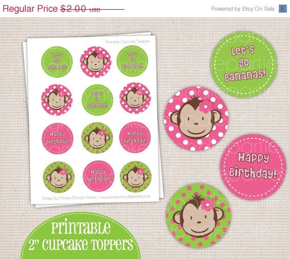 SALE Girl's Mod Monkey Birthday Party Printable (DIY) Cupcake Toppers Il_170x135