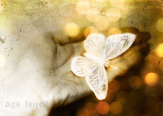 Butterfly Print, Sparkly Butterfly - Celestial Art Print, Sparkly Lights, Bokeh Photography, White Gold Lights, Night Lights, 8x12 - AgaFarrell