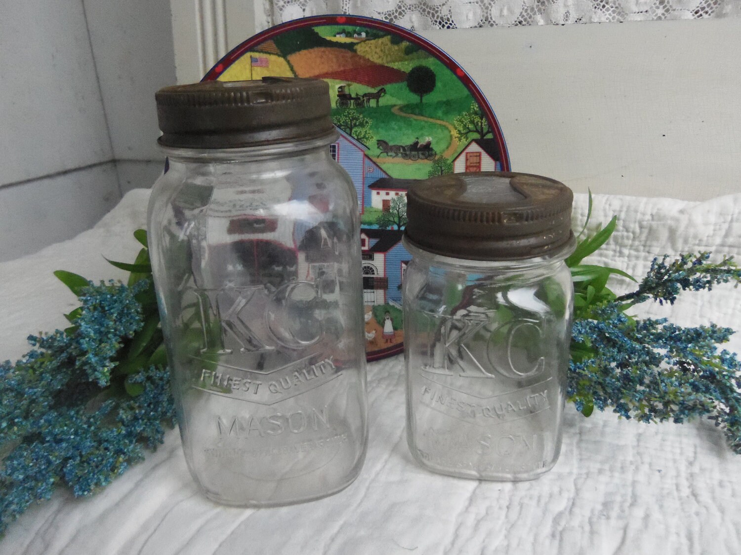 2 Vintage KC Mason Square Clear Jars Quart and by CatfishJarRescue