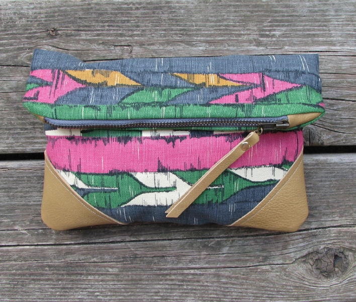 leather clutch, printed cotton, fold-over clutch, pink, geomtric
