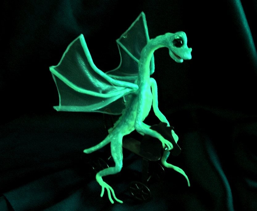 Baby Dragon Art Doll: Turquoise Dragon Tyke on Rolling Red Horse - Glows in the Dark