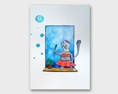 Watercolors painting Original funny Gray cat art Hand painted animal art for nursery decor - Lovely kitty painting for childrens room