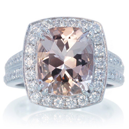 18 Karat White Gold Custom Cushion Cut Pave Diamond Halo Morganite Engagement Wedding Anniversary Ring