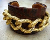Couture Chic Brown Crocodile Embossed Leather Cuff Bracelet with Huge Gold Chunky Curb Chain..."FREE SHIPPING"