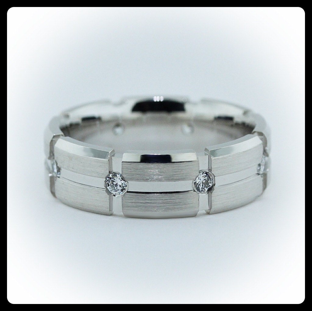 14k Men's Wedding Band Custom Bridal Jewelry White Gold Yellow Gold Platinum Two Tone Available Satin Finish Diamond Band