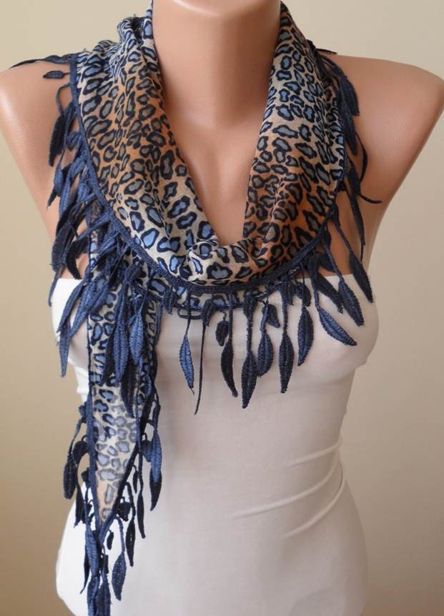 New - Gift Scarf - Valentine's Day - Blue and Brown - Leopard Scarf with Dark Blue Trim Edge