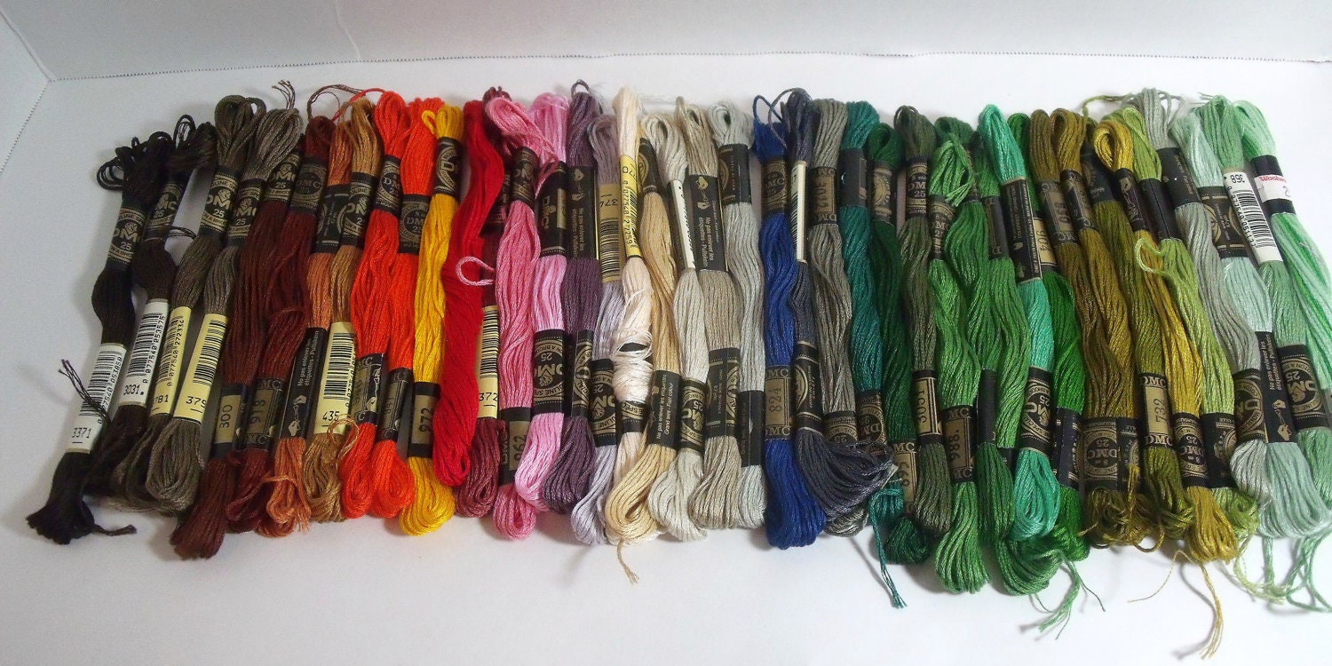 DMC Embroidery Floss 42 skeins assorted colors destash pink green blue red yellow brown cross stitch needlework crewel craft floss