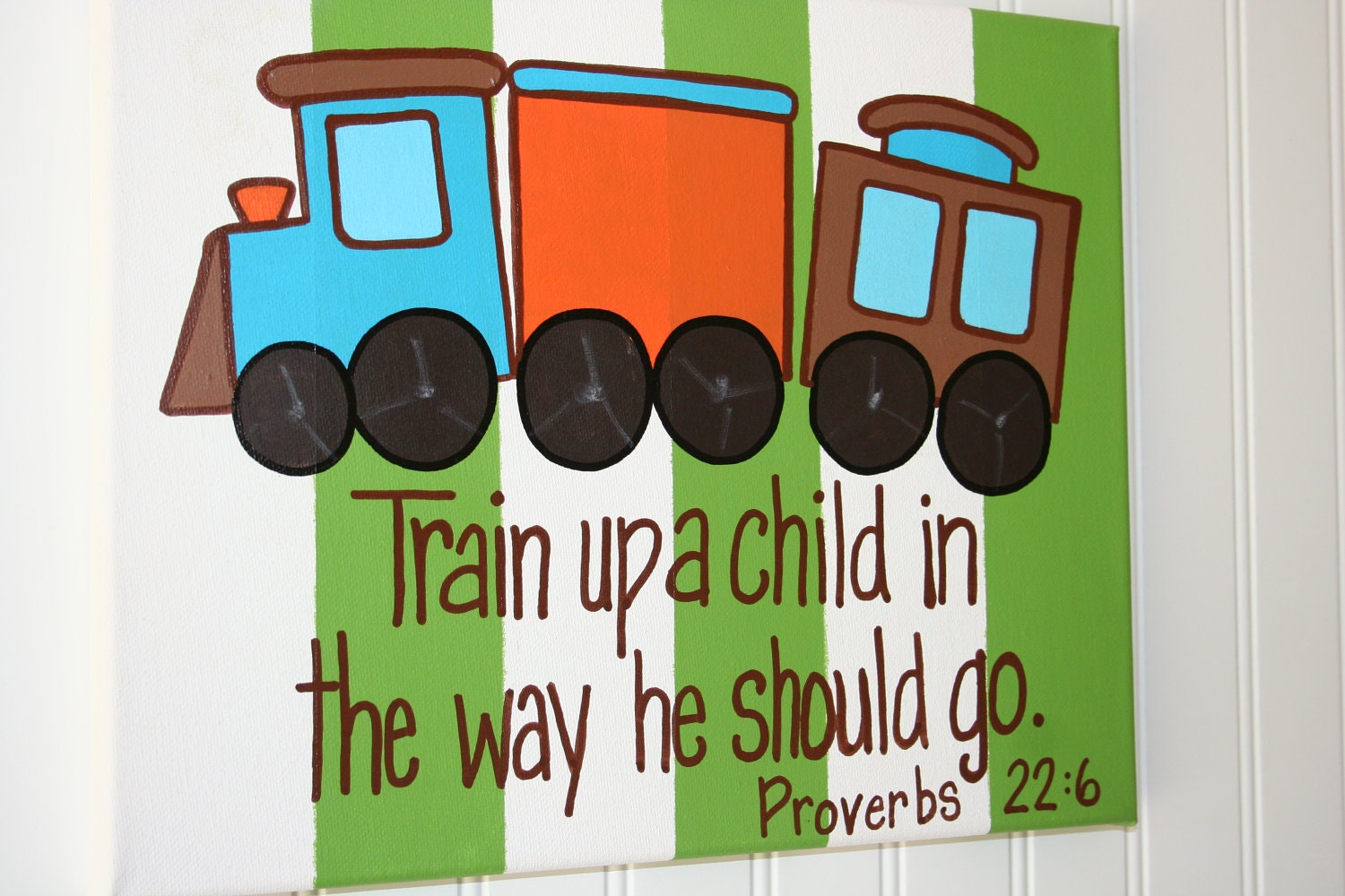 Train up a child, Proverbs 22:6, custom Bible Verse wall art painting 16x20 boy's nursery or bedroom, baby dedication or christening gift