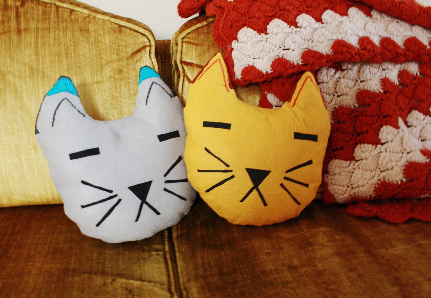 One of a Kind Embroidered Mustard Cat Pillow