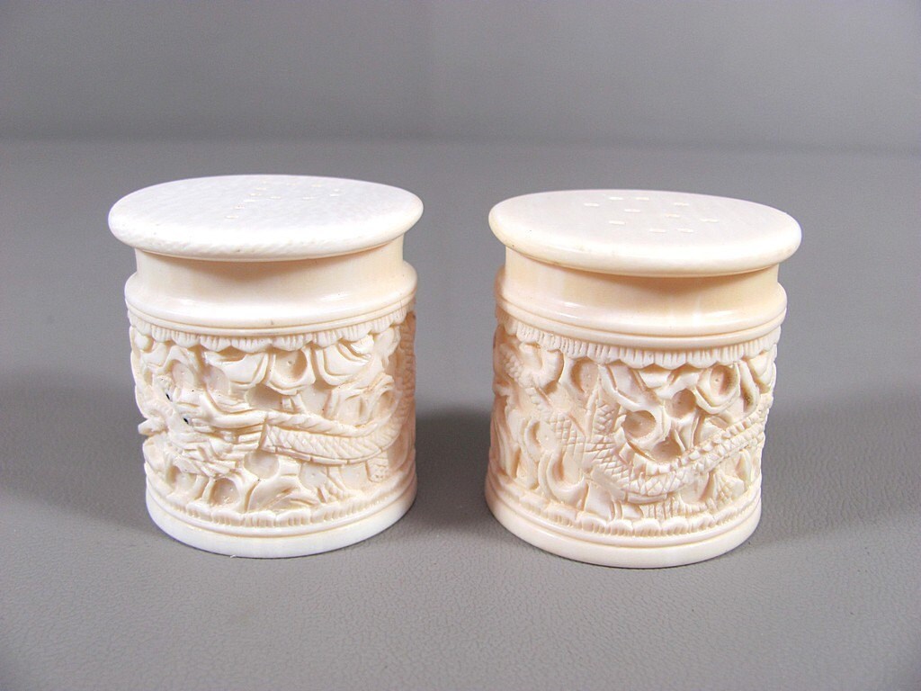 Pre-Ban Ivory Salt and Pepper Shakers, Intricately Carved Dragons, USA ...
