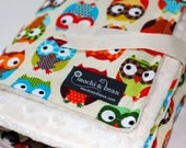 Baby Blanket with Stroller Ties, Bright Owls in Cream by Alice Kennedy and Cream Dot Minky
