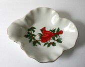 Vintage Lefton Cardinal Candy Dish Christmas red holly white green china