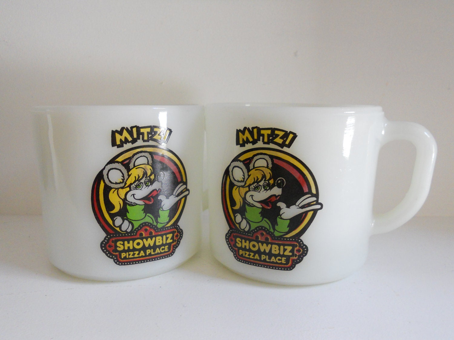 2 Vintage Advertising Milk Glass Mugs - Showbiz Pizza Place