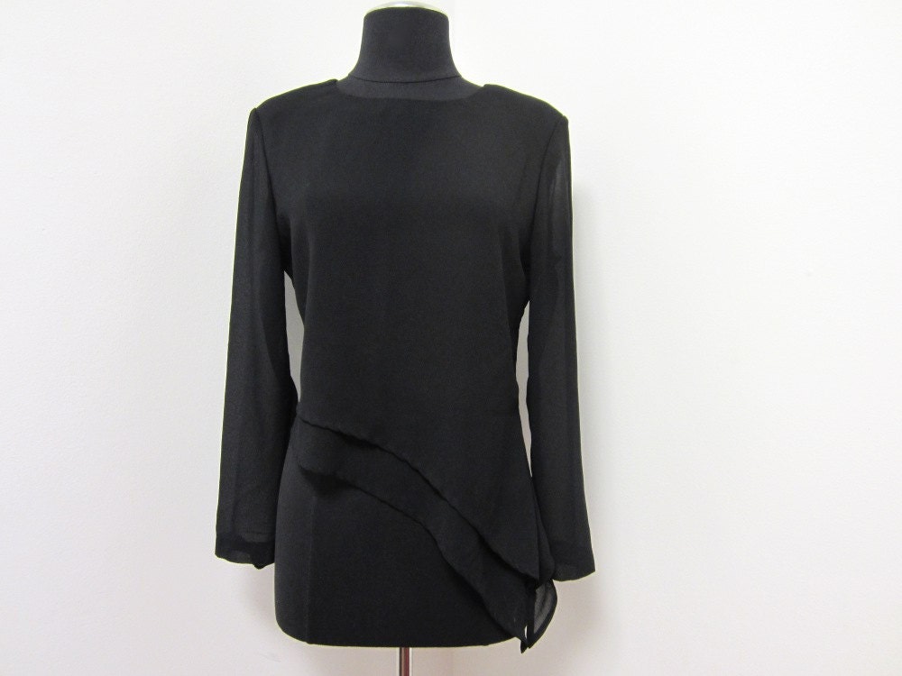 SALE: 1980s Asymmetrical Top - Black Polyester Crepe with Sheer Ams & Shoulder Pads - Dark Modern - Medium Size 8