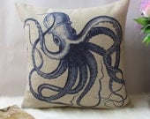 1 cotton linen simple blue Octopus  throw pillow cover / decorative pillow case / cushion cover 18"