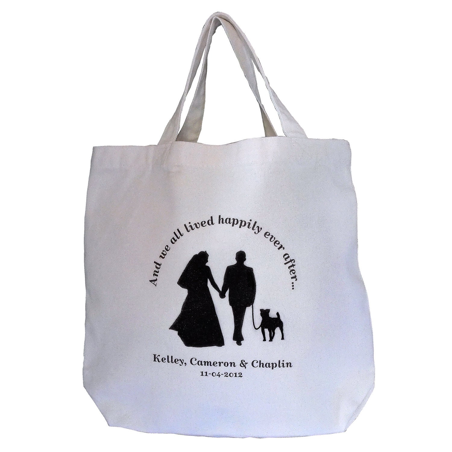 Custom Wedding Tote Bag with Bride, Groom and Dog Silhouettes ...