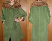 VINTAGE /// Olive Green Faux Mink Collared Coat Jacket Velmur tailored by Dumas