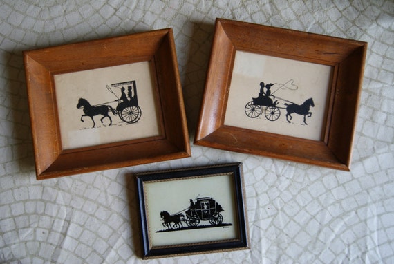 Lot Of Three Horse And Buggy Carriage Silhouette Couples Pictures In Frames Vintage