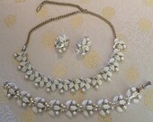 Lovely Vintage Necklace, Bracelet and Earrings Set of White Enamel Leaves and Faux Pearls