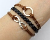 antique silvery karma bracelet infinity wish bracelet brown rope and black leather braid bracelet gift.-N1613