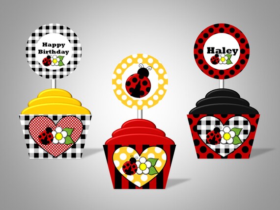 Lady Bug and Daisy Cupcake Wrappers & Toppers - Personalized With Name and Age - DIY Printable Party Decorations Il_570xn