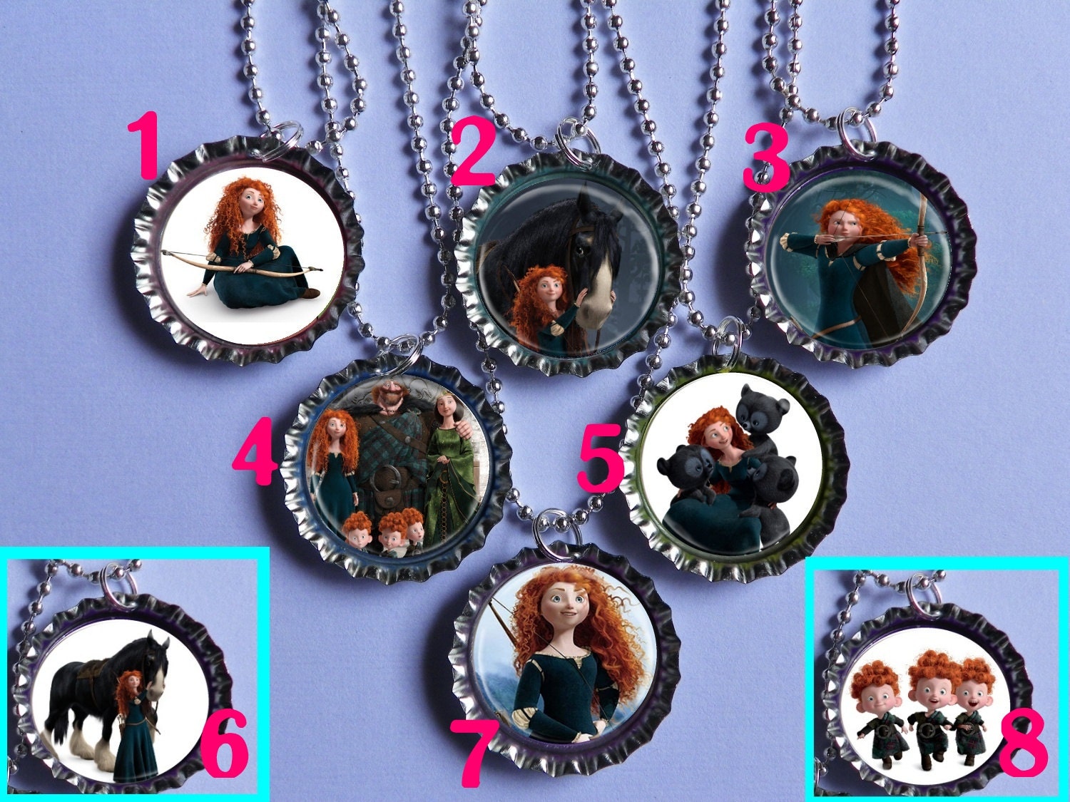 Brave Merida 12 bottle cap necklace Party Favor pack (12)  / contact me for other quantities needed