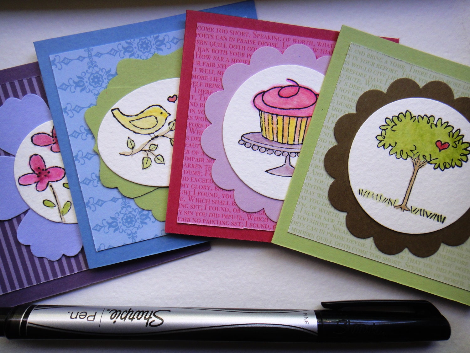 Handmade mini notecards, gift cards blank all occassions gift tags- hand stamped and coloured thank you birthday wedding love cards