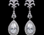 Sparkle Wedding Flower Drop CZ Cubic Zirconia Earring, Clear Swarovski Crystal Floral Leaf, Bridal Jewelry Pierced Dangle Earring-154314366